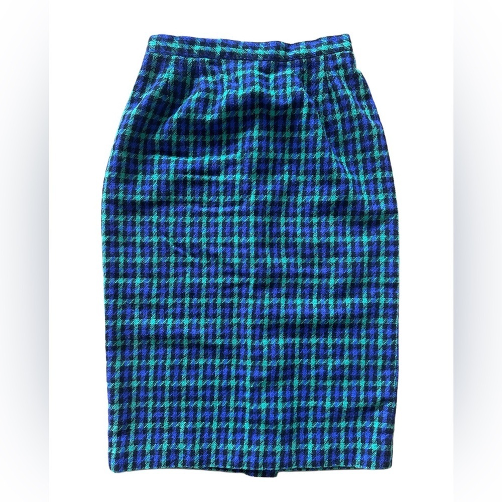 Vintage Plaid Pencil Skirt in Blue & Green